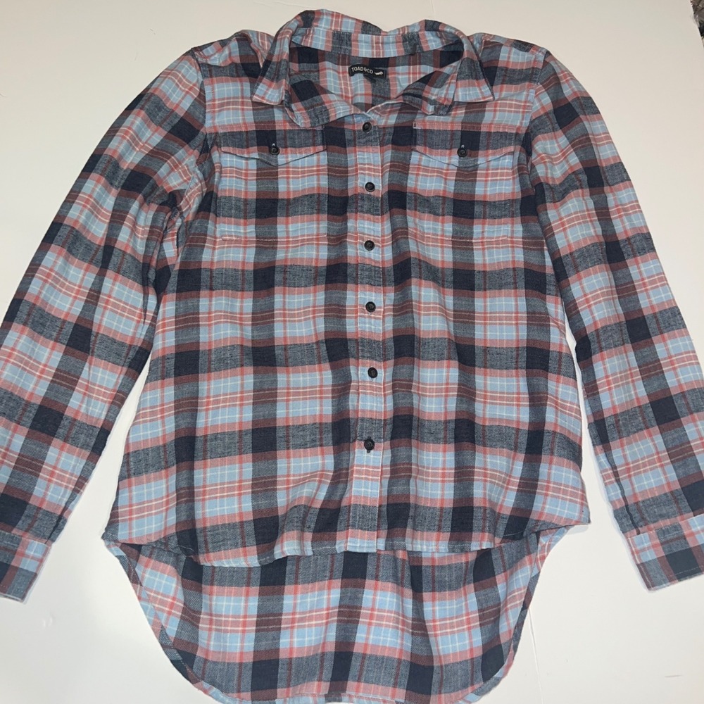 Toad&Co Flannel Shirt Womens L Blue Salmon Plaid Recycled Cotton High Low Hem